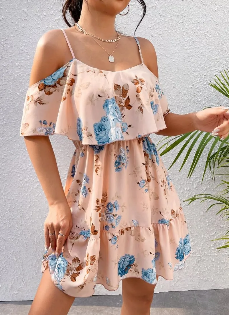 Women's Summer One-Shoulder Mini Sundress Casual Spaghetti Strap Dresses Floral Sleeveless Ruffle Short Dress