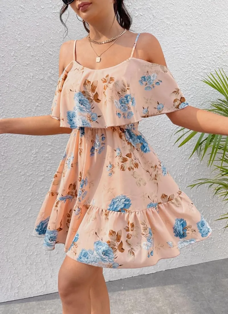 Women's Summer One-Shoulder Mini Sundress Casual Spaghetti Strap Dresses Floral Sleeveless Ruffle Short Dress