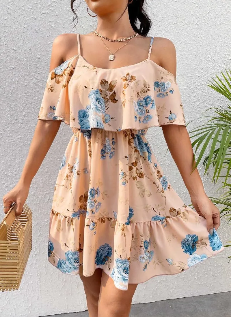Women's Summer One-Shoulder Mini Sundress Casual Spaghetti Strap Dresses Floral Sleeveless Ruffle Short Dress