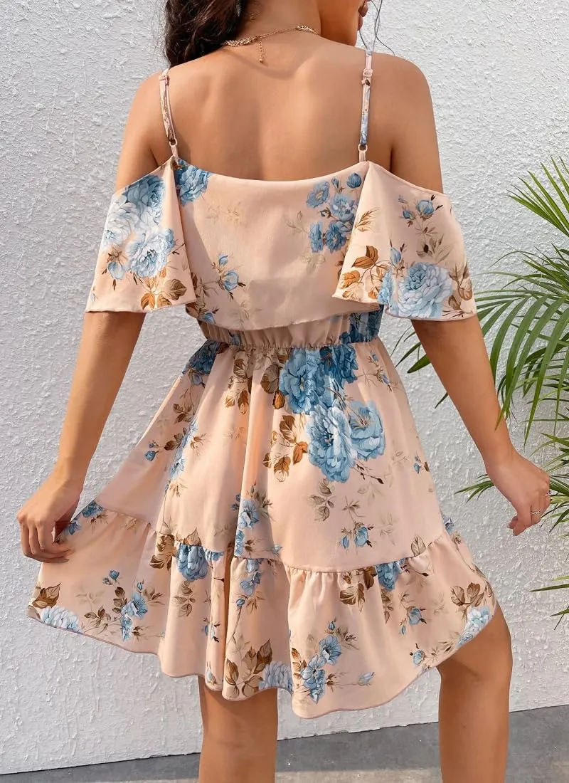 Women's Summer One-Shoulder Mini Sundress Casual Spaghetti Strap Dresses Floral Sleeveless Ruffle Short Dress