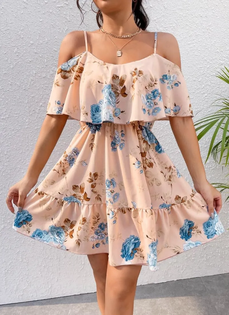 Women's Summer One-Shoulder Mini Sundress Casual Spaghetti Strap Dresses Floral Sleeveless Ruffle Short Dress