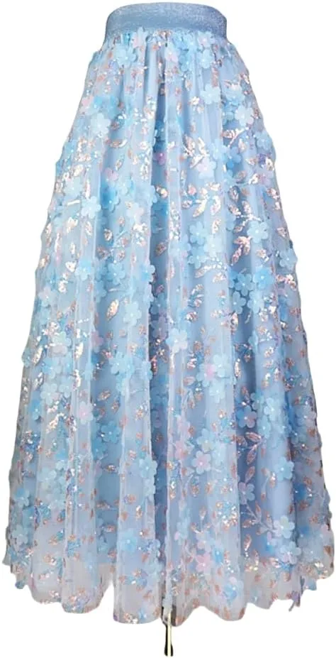 Women's Tulle Embroidered Skirt Lace Layered Elastic High Waist Midi Skirt Pleated Mesh A-Line Skirt