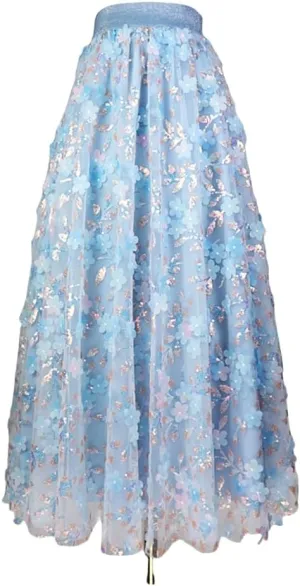 Women's Tulle Embroidered Skirt Lace Layered Elastic High Waist Midi Skirt Pleated Mesh A-Line Skirt