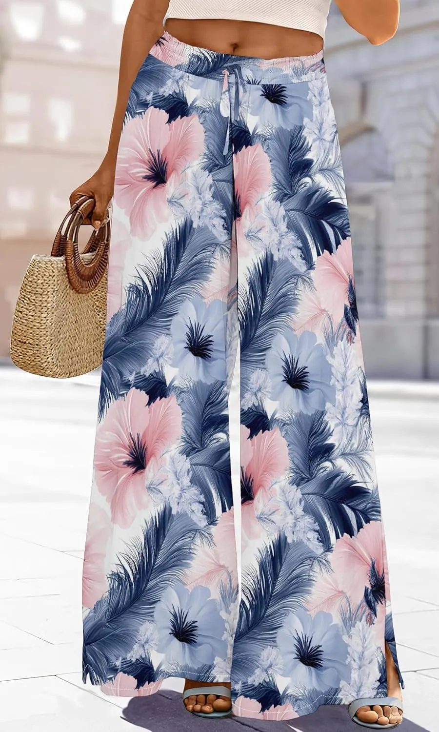 Womens Wide Leg Palazzo Pants Boho Floral 2025 Summer Beach Culottes Flowy Casual Lounge Trousers for Vacation