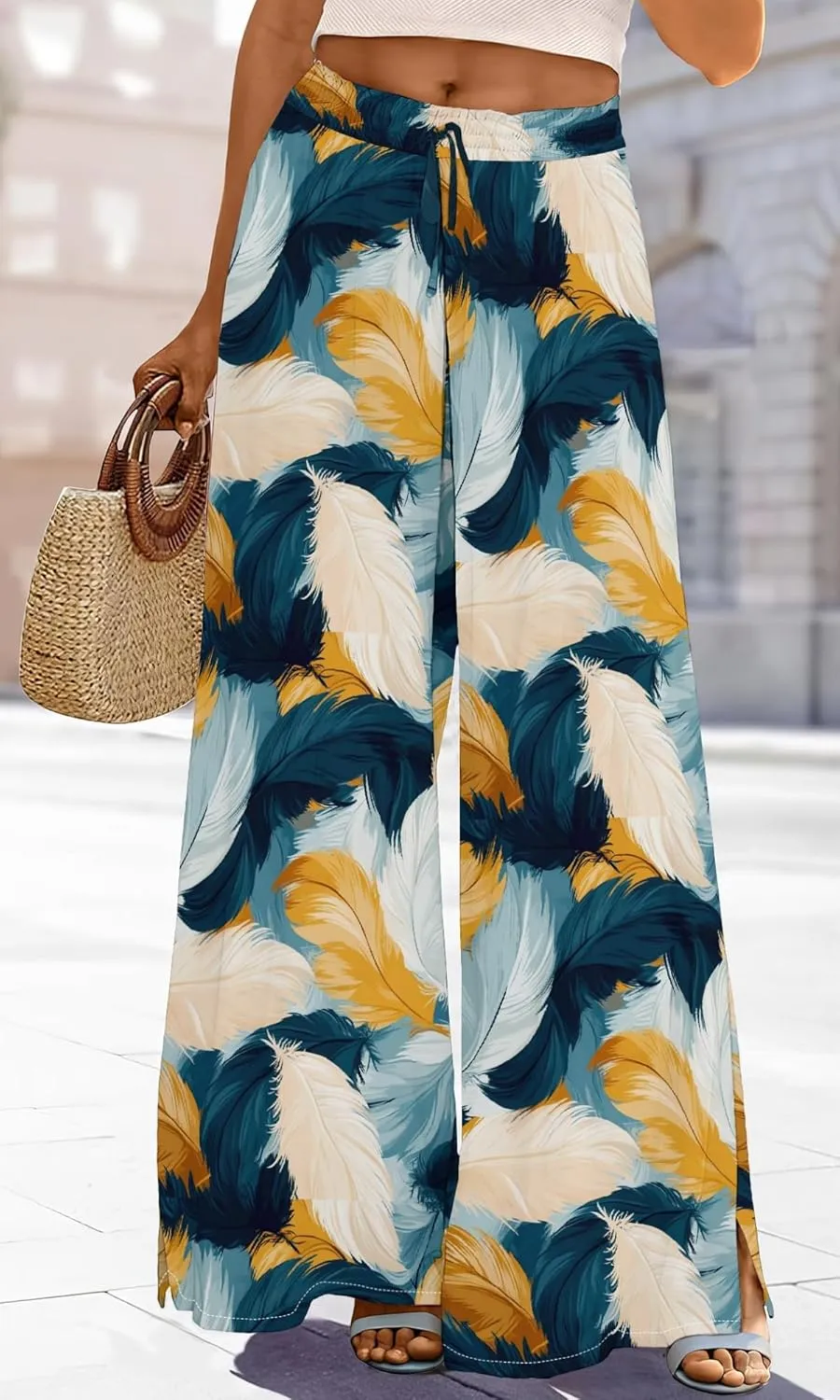 Womens Wide Leg Palazzo Pants Boho Floral 2025 Summer Beach Culottes Flowy Casual Lounge Trousers for Vacation