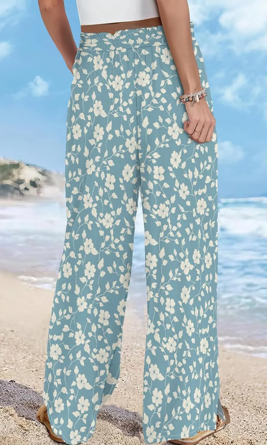 Womens Wide Leg Palazzo Pants Boho Floral 2025 Summer Beach Culottes Flowy Casual Lounge Trousers for Vacation