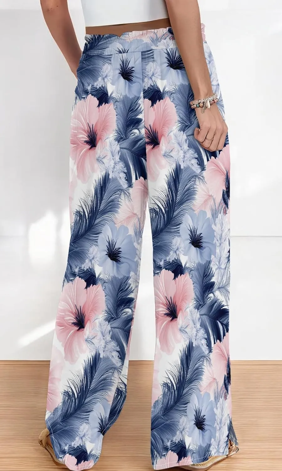 Womens Wide Leg Palazzo Pants Boho Floral 2025 Summer Beach Culottes Flowy Casual Lounge Trousers for Vacation