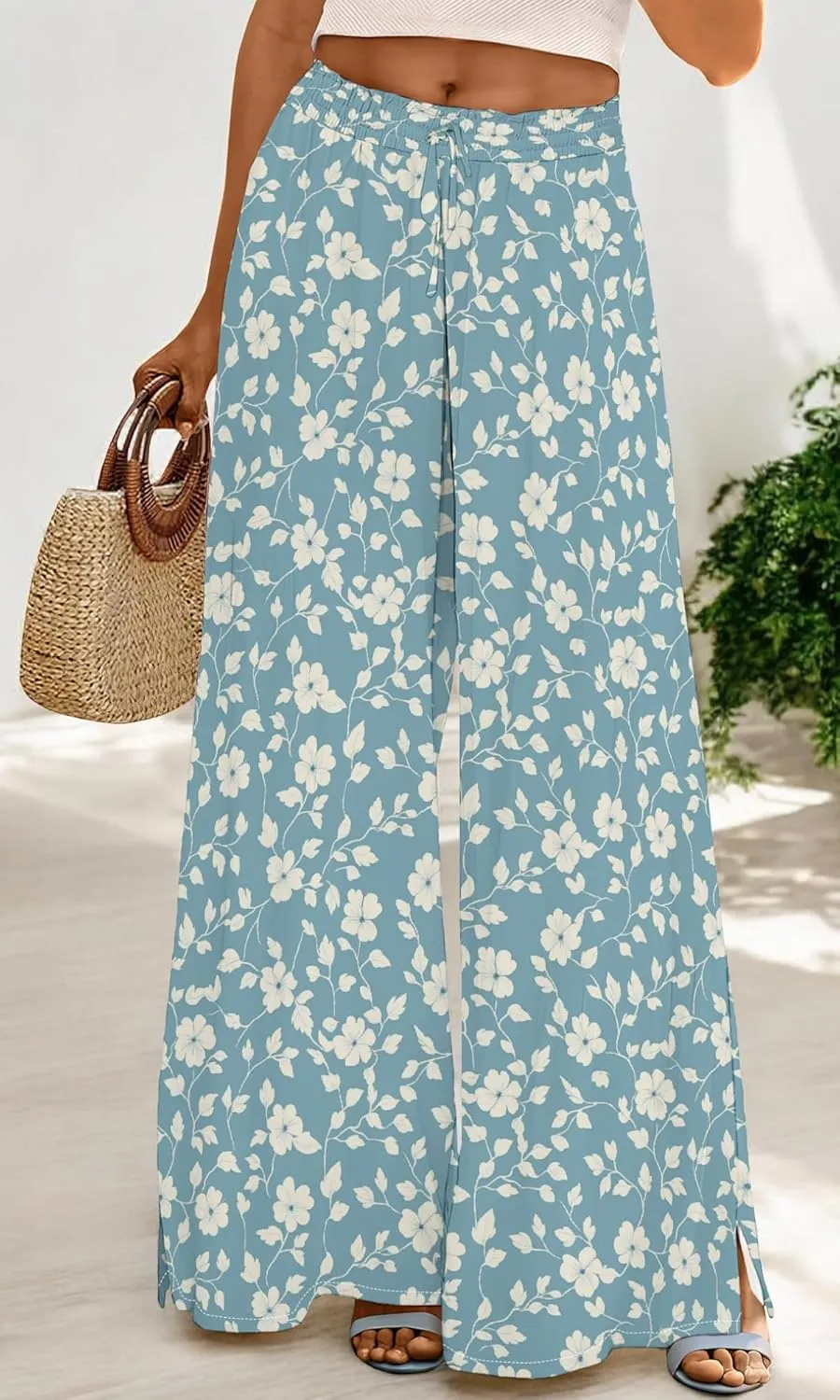 Womens Wide Leg Palazzo Pants Boho Floral 2025 Summer Beach Culottes Flowy Casual Lounge Trousers for Vacation