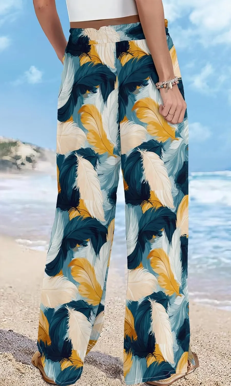 Womens Wide Leg Palazzo Pants Boho Floral 2025 Summer Beach Culottes Flowy Casual Lounge Trousers for Vacation
