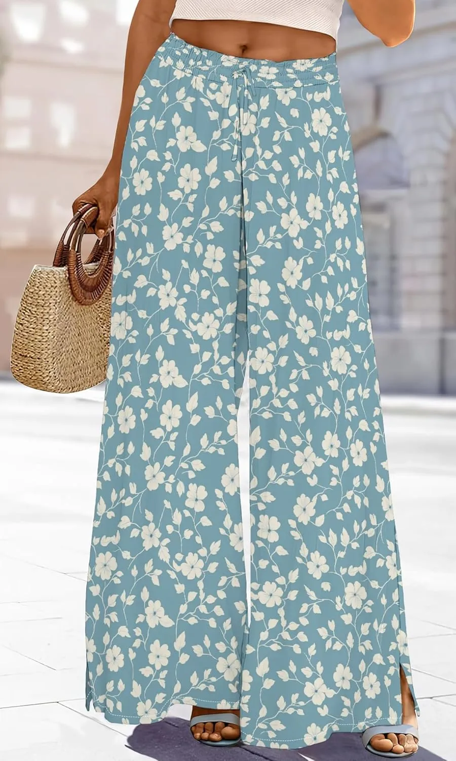 Womens Wide Leg Palazzo Pants Boho Floral 2025 Summer Beach Culottes Flowy Casual Lounge Trousers for Vacation