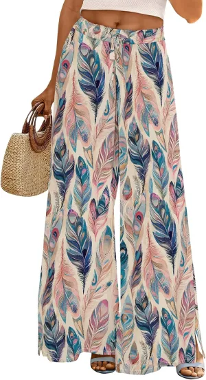 Womens Wide Leg Palazzo Pants Boho Floral 2025 Summer Beach Culottes Flowy Casual Lounge Trousers for Vacation
