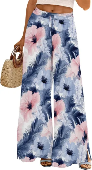 Womens Wide Leg Palazzo Pants Boho Floral 2025 Summer Beach Culottes Flowy Casual Lounge Trousers for Vacation