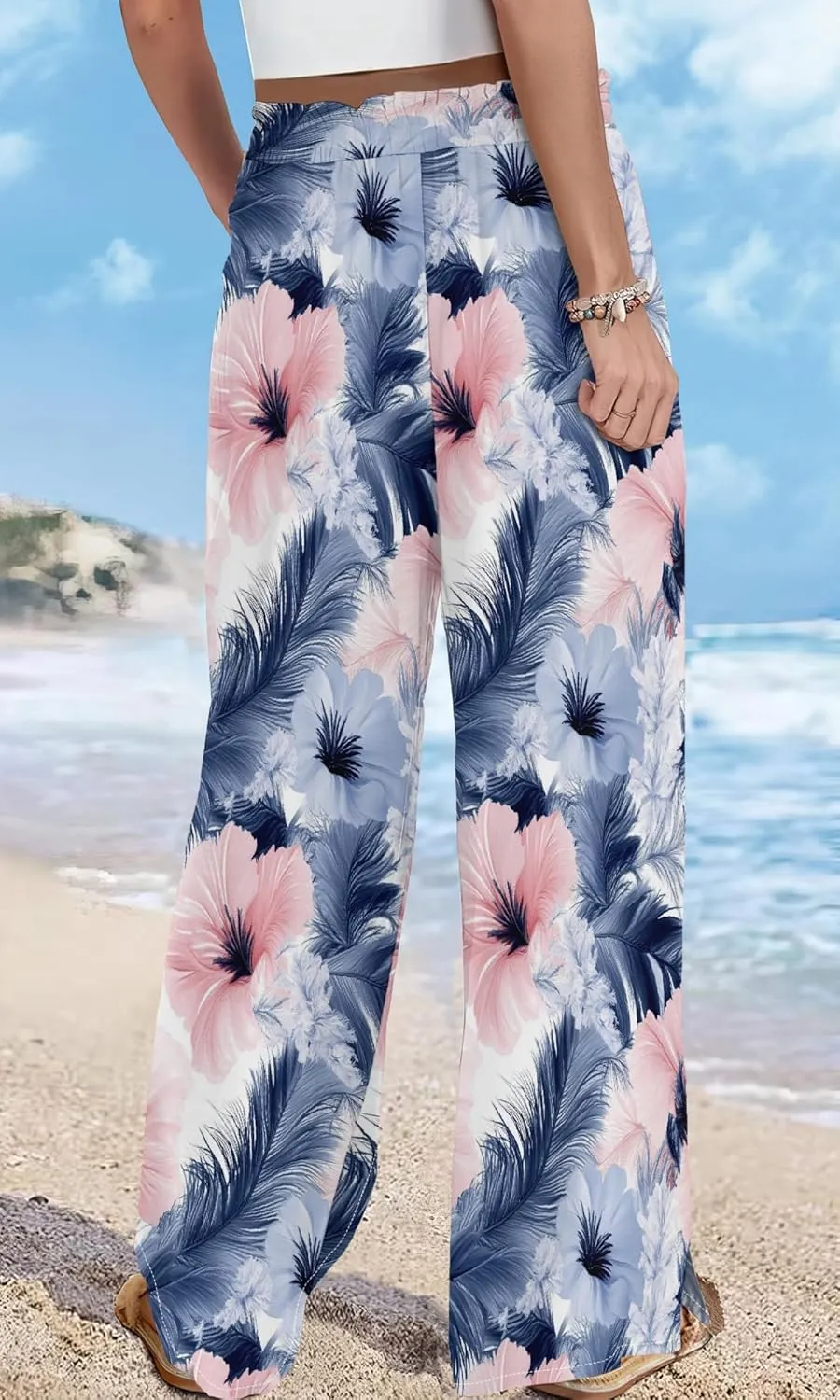 Womens Wide Leg Palazzo Pants Boho Floral 2025 Summer Beach Culottes Flowy Casual Lounge Trousers for Vacation