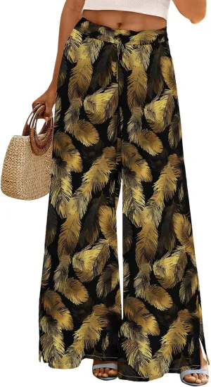 Womens Wide Leg Palazzo Pants Boho Floral 2025 Summer Beach Culottes Flowy Casual Lounge Trousers for Vacation