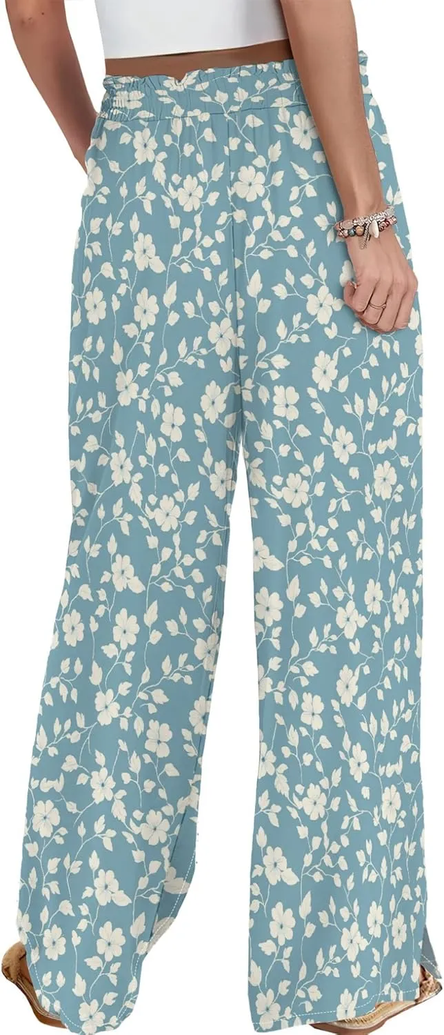 Womens Wide Leg Palazzo Pants Boho Floral 2025 Summer Beach Culottes Flowy Casual Lounge Trousers for Vacation