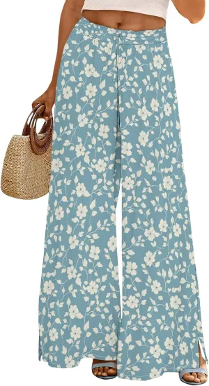 Womens Wide Leg Palazzo Pants Boho Floral 2025 Summer Beach Culottes Flowy Casual Lounge Trousers for Vacation