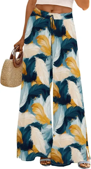 Womens Wide Leg Palazzo Pants Boho Floral 2025 Summer Beach Culottes Flowy Casual Lounge Trousers for Vacation