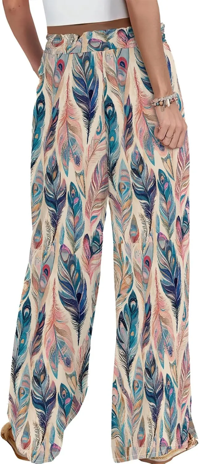 Womens Wide Leg Palazzo Pants Boho Floral 2025 Summer Beach Culottes Flowy Casual Lounge Trousers for Vacation