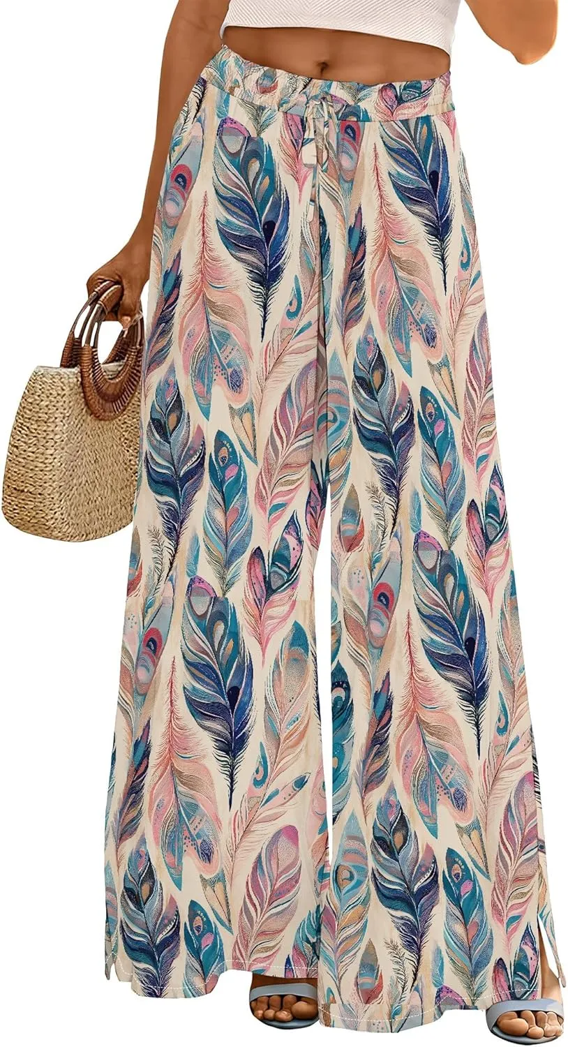 Womens Wide Leg Palazzo Pants Boho Floral 2025 Summer Beach Culottes Flowy Casual Lounge Trousers for Vacation
