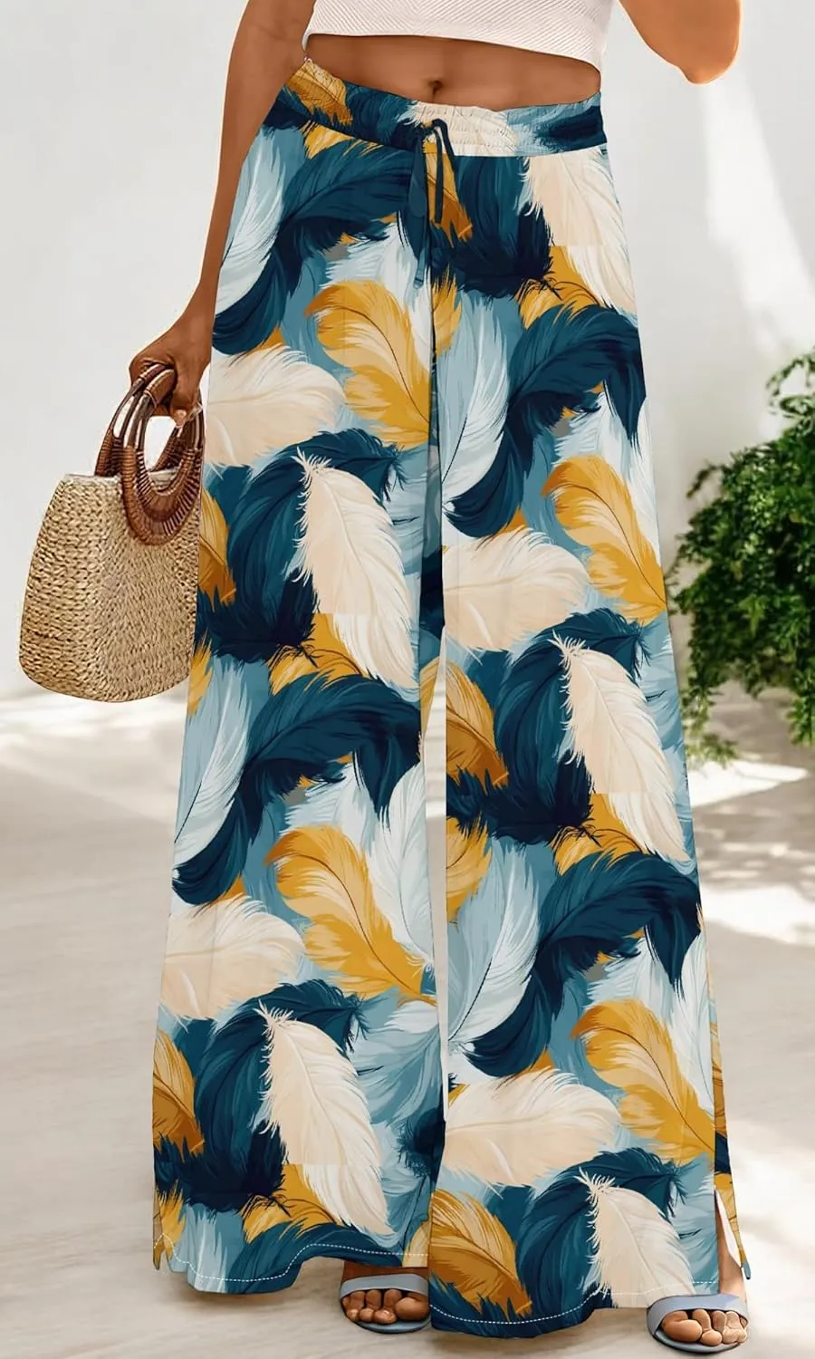 Womens Wide Leg Palazzo Pants Boho Floral 2025 Summer Beach Culottes Flowy Casual Lounge Trousers for Vacation