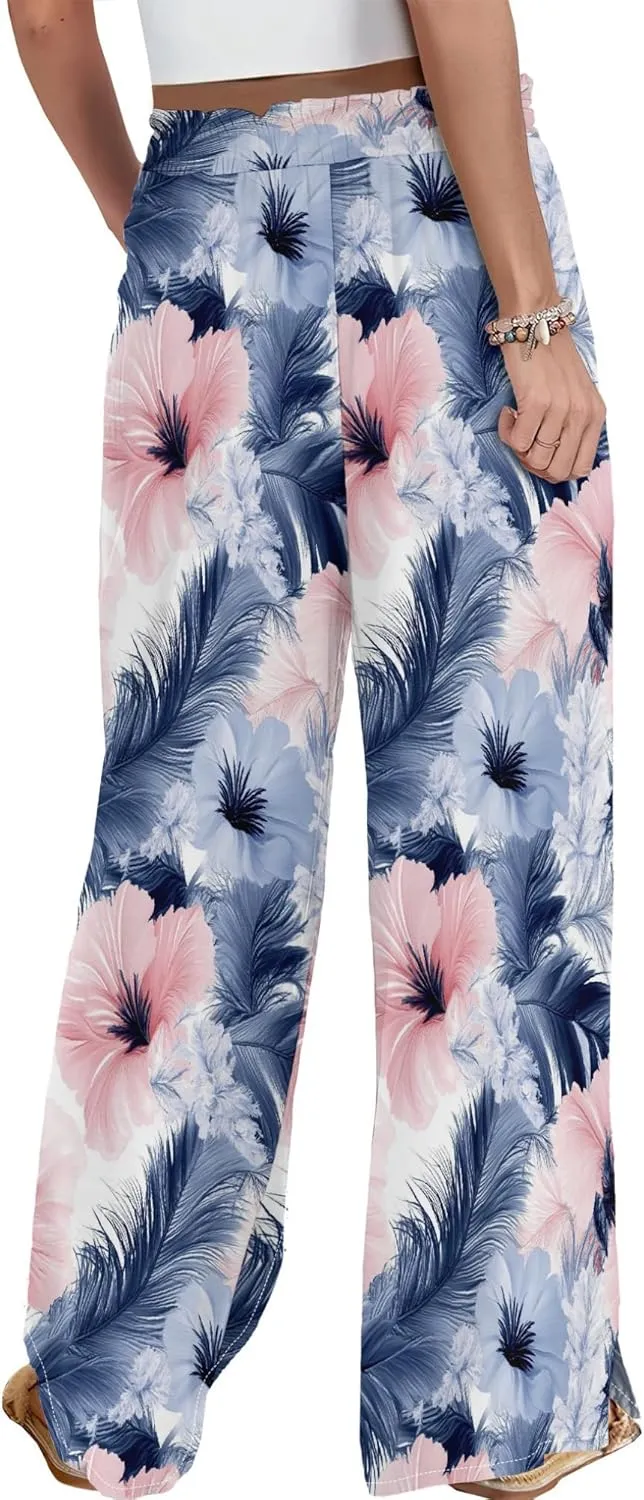 Womens Wide Leg Palazzo Pants Boho Floral 2025 Summer Beach Culottes Flowy Casual Lounge Trousers for Vacation