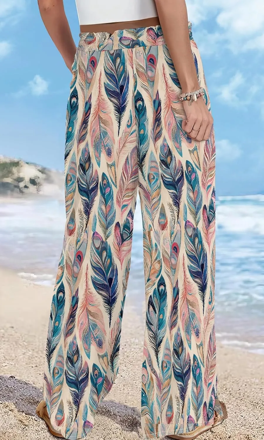 Womens Wide Leg Palazzo Pants Boho Floral 2025 Summer Beach Culottes Flowy Casual Lounge Trousers for Vacation