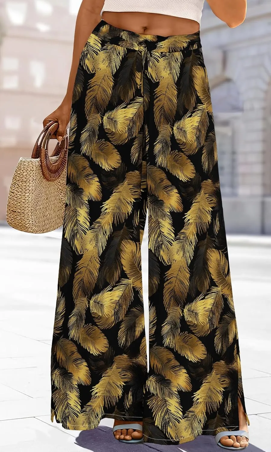 Womens Wide Leg Palazzo Pants Boho Floral 2025 Summer Beach Culottes Flowy Casual Lounge Trousers for Vacation