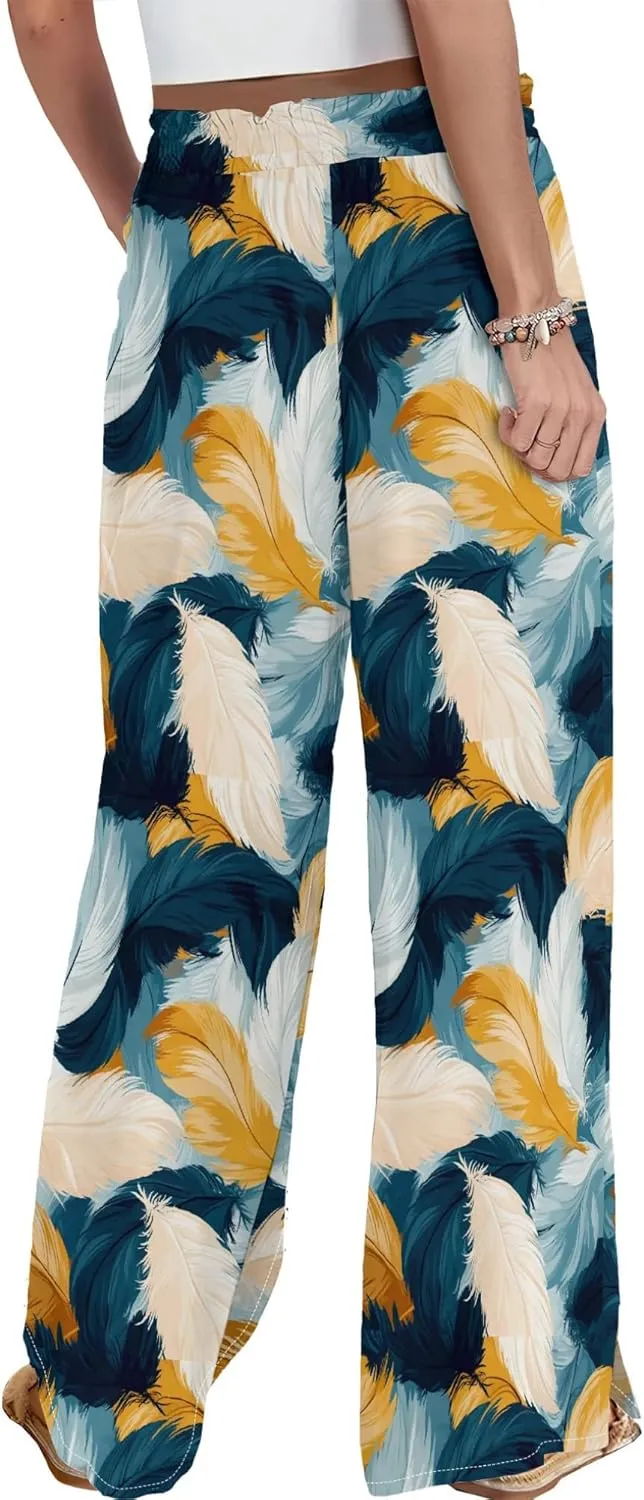 Womens Wide Leg Palazzo Pants Boho Floral 2025 Summer Beach Culottes Flowy Casual Lounge Trousers for Vacation