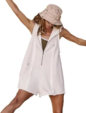Women's Zip Up Romper Sleeveless Athletic Hooded Summer Loose Shorts Jumpsuits with Pockets