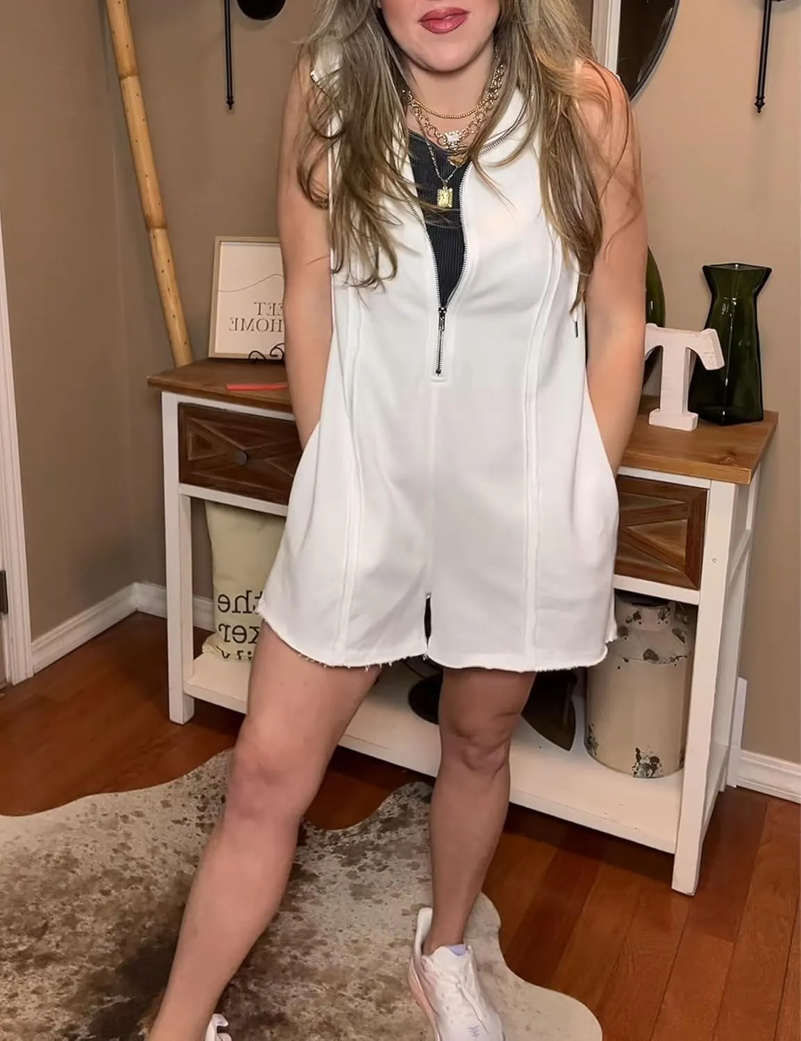 Women's Zip Up Romper Sleeveless Athletic Hooded Summer Loose Shorts Jumpsuits with Pockets