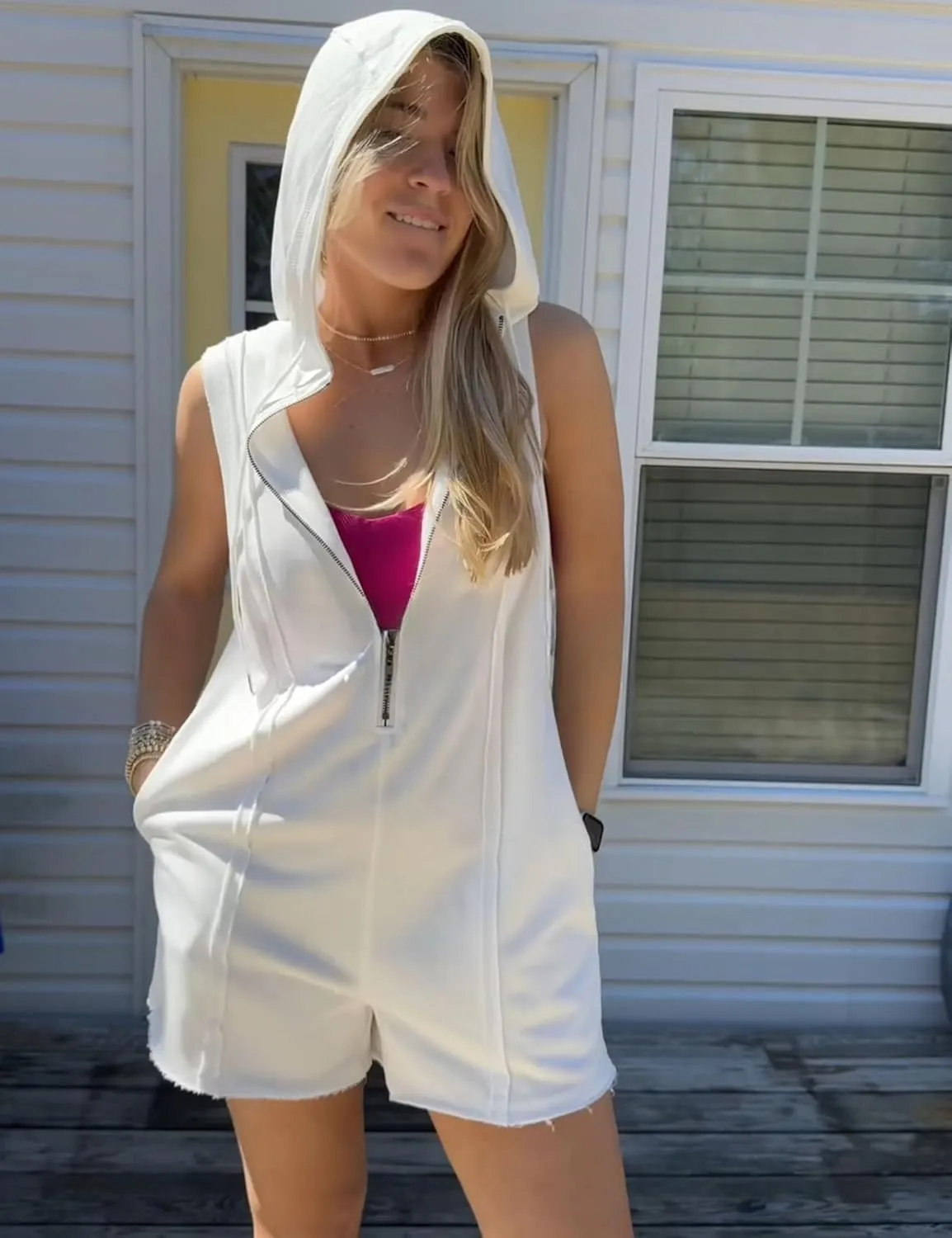 Women's Zip Up Romper Sleeveless Athletic Hooded Summer Loose Shorts Jumpsuits with Pockets