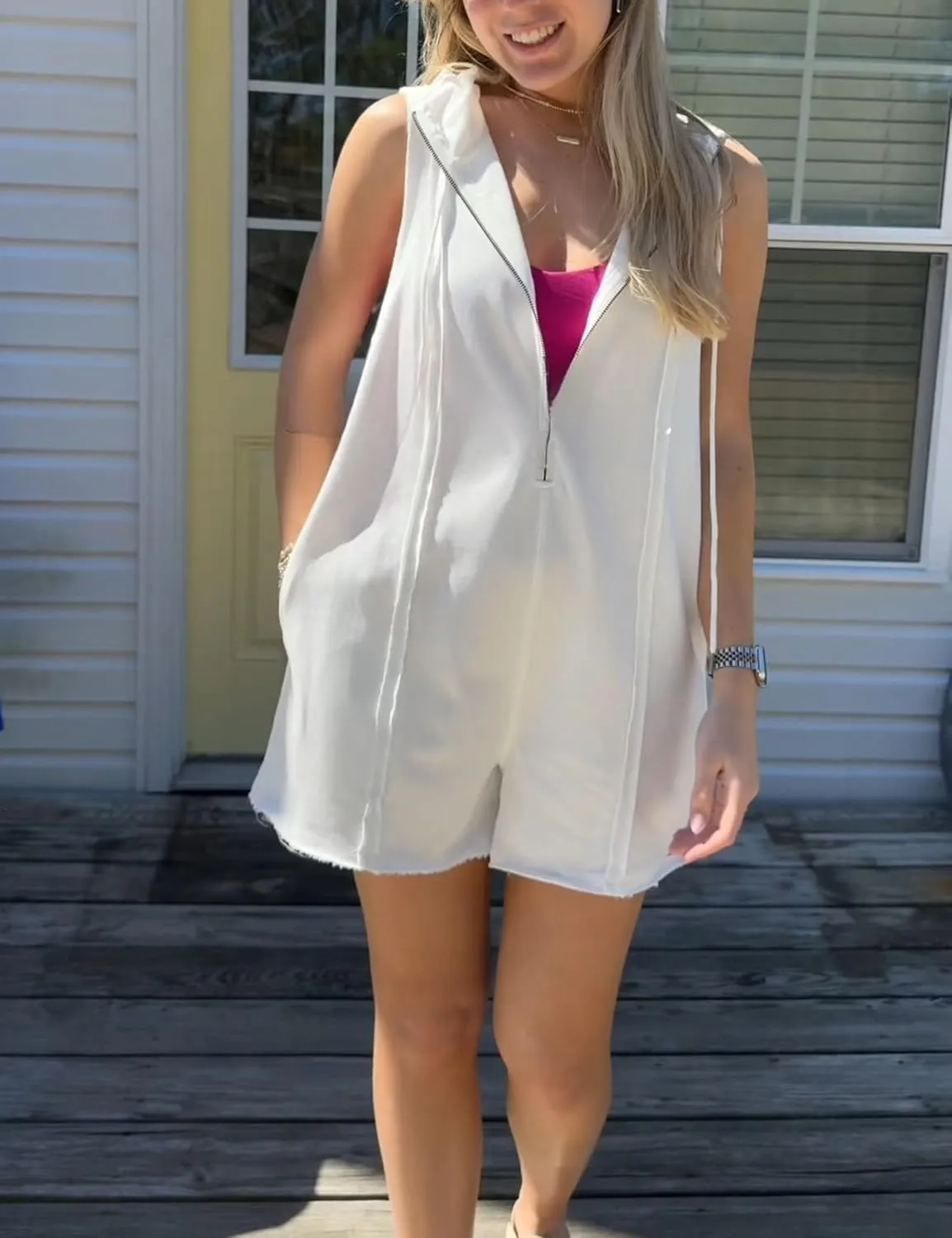 Women's Zip Up Romper Sleeveless Athletic Hooded Summer Loose Shorts Jumpsuits with Pockets