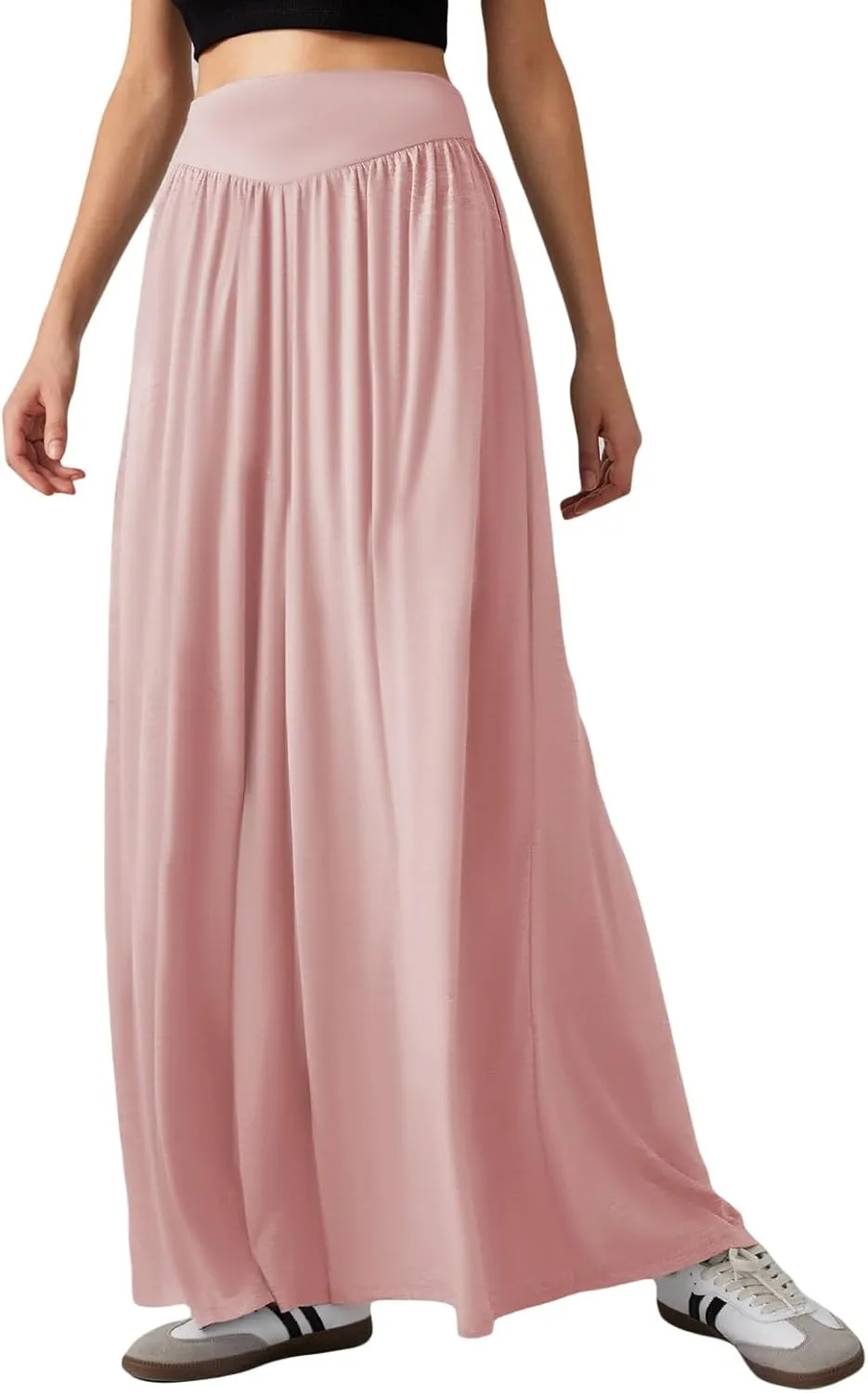 Wowcarbazole Women's Wide Leg Pants Elastic High Waist Casual Lounge Loose Palazzo Pant with Pockets Flowy Fall Long Trousers