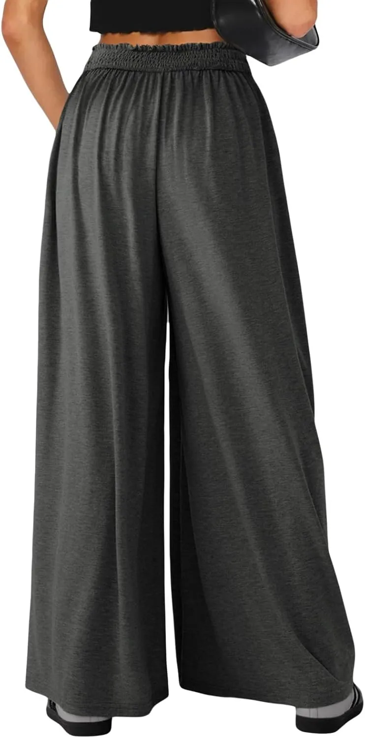 Wowcarbazole Women's Wide Leg Pants Elastic High Waist Casual Lounge Loose Palazzo Pant with Pockets Flowy Fall Long Trousers