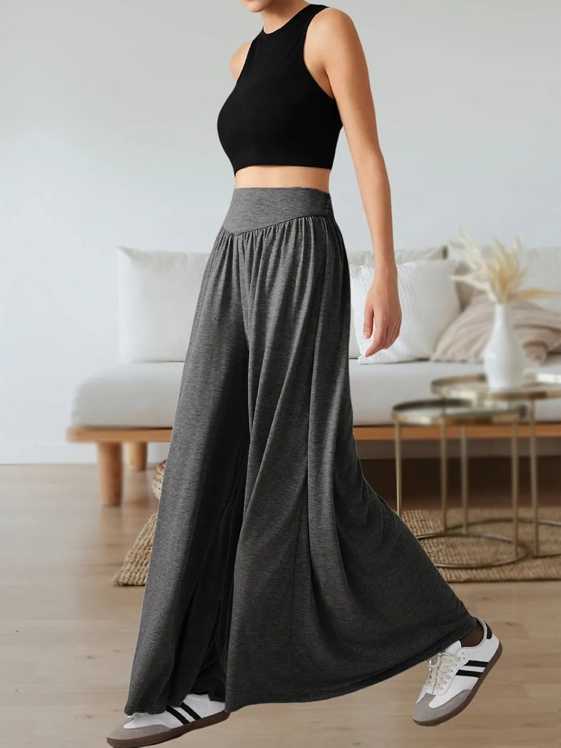 Wowcarbazole Women's Wide Leg Pants Elastic High Waist Casual Lounge Loose Palazzo Pant with Pockets Flowy Fall Long Trousers