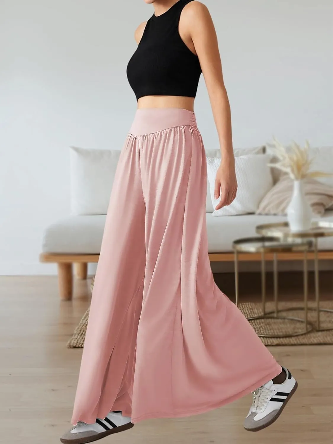 Wowcarbazole Women's Wide Leg Pants Elastic High Waist Casual Lounge Loose Palazzo Pant with Pockets Flowy Fall Long Trousers