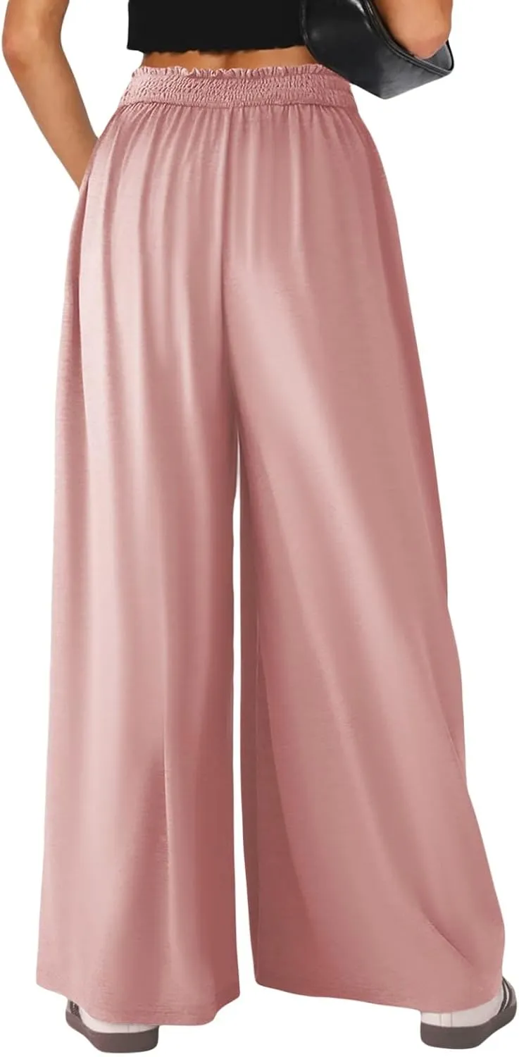 Wowcarbazole Women's Wide Leg Pants Elastic High Waist Casual Lounge Loose Palazzo Pant with Pockets Flowy Fall Long Trousers