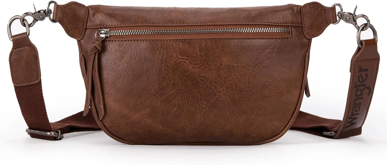 Wrangler Large Fanny Packs for Women Waist Bag Travel Belt Bags Crossbody Sling Purse Dark Brown