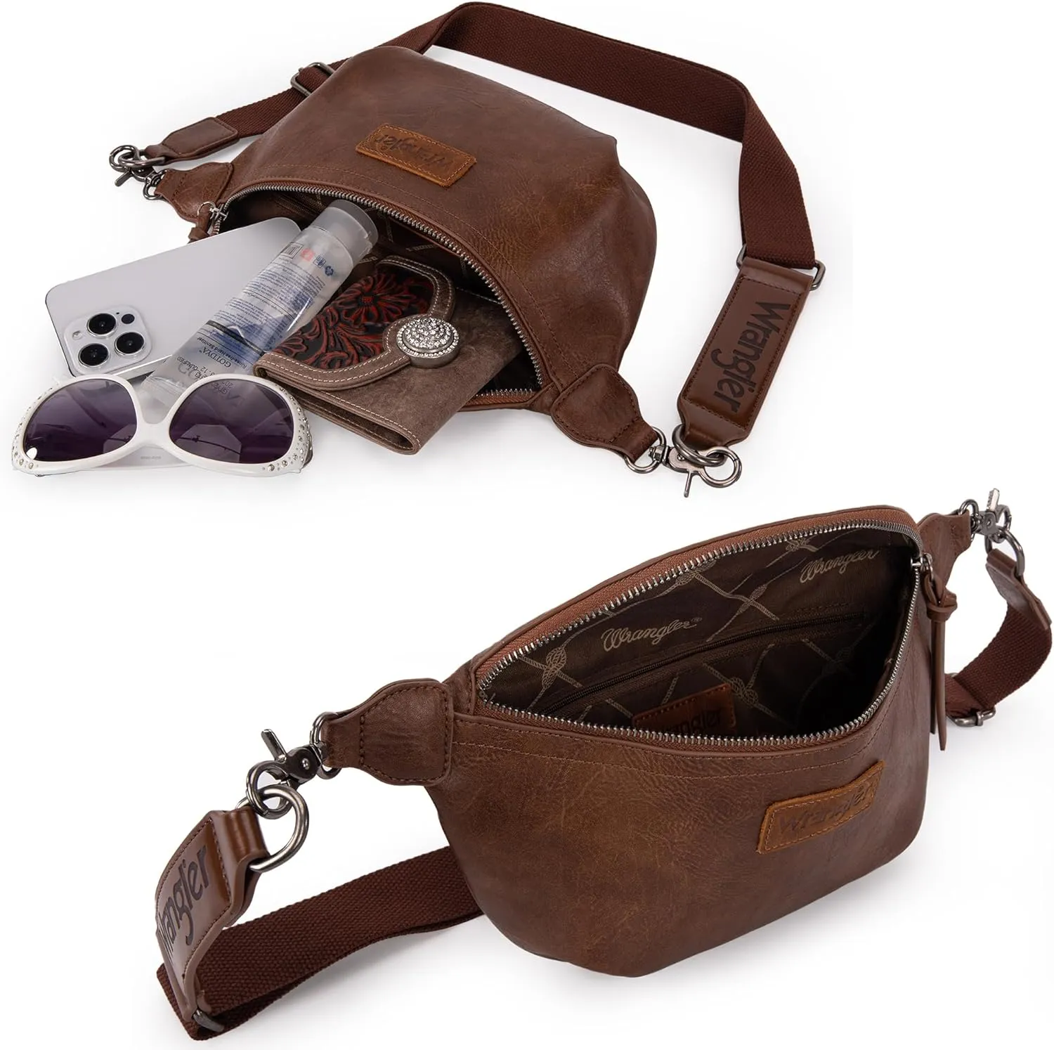 Wrangler Large Fanny Packs for Women Waist Bag Travel Belt Bags Crossbody Sling Purse Dark Brown