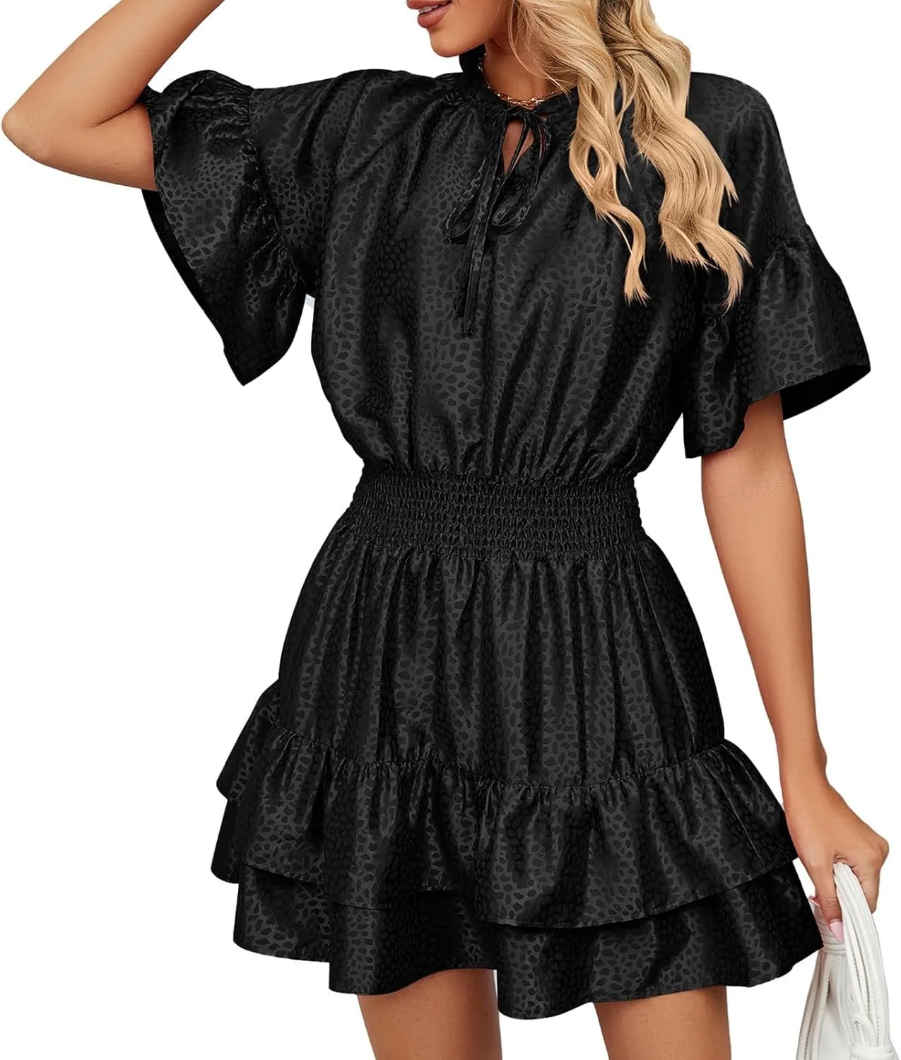 XOWRTE Womens Lace-up V Neck Casual Tiered A-Line Dresses Summer High Waist Ruffle Pleated Cute Mini Short Dress Babydoll
