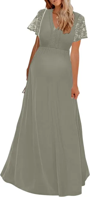 Y Lace Neckline Maternity Dress Lace Short Sleeve Maternity Maxi Dress for Baby Shower Maternity Photoshoot