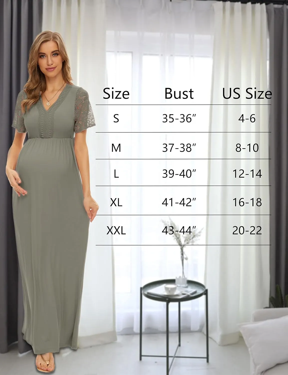 Y Lace Neckline Maternity Dress Lace Short Sleeve Maternity Maxi Dress for Baby Shower Maternity Photoshoot