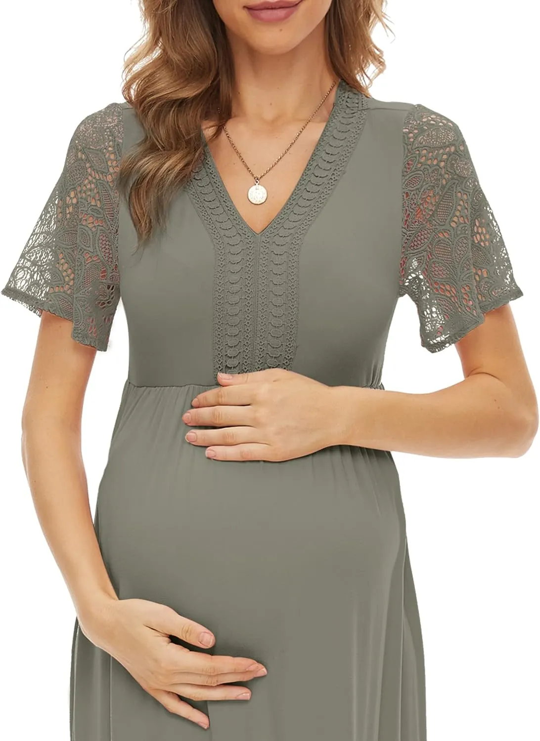 Y Lace Neckline Maternity Dress Lace Short Sleeve Maternity Maxi Dress for Baby Shower Maternity Photoshoot