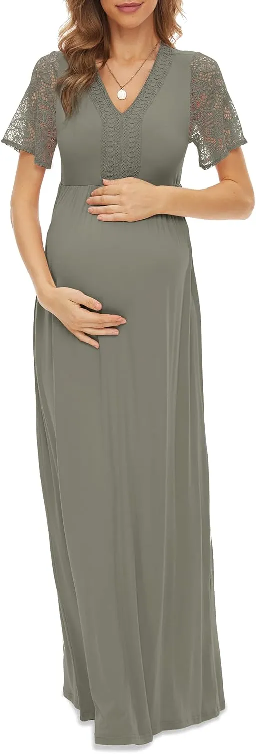 Y Lace Neckline Maternity Dress Lace Short Sleeve Maternity Maxi Dress for Baby Shower Maternity Photoshoot