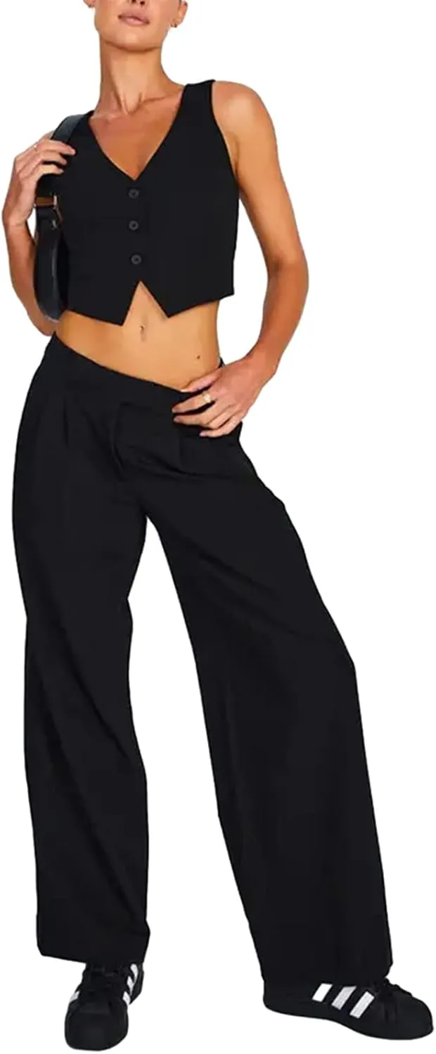 Y2K Button Down Dressy Vest Retro Vintage Black Cute Frill Sleeveless Crop Top Vest 90S Grunge Shirts