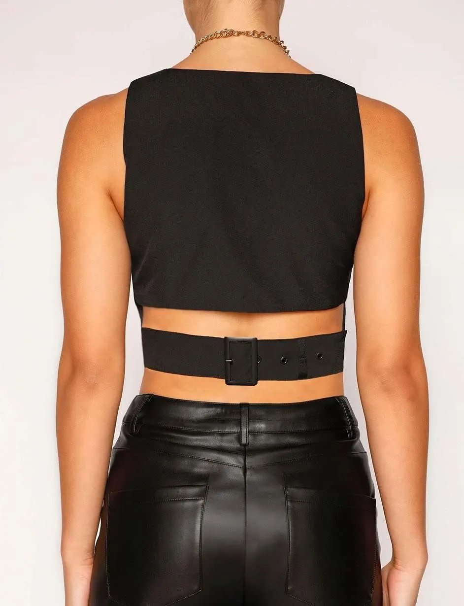 Y2K Button Down Dressy Vest Retro Vintage Black Cute Frill Sleeveless Crop Top Vest 90S Grunge Shirts
