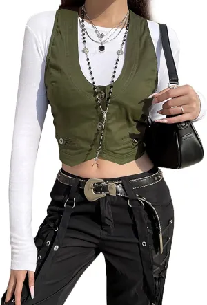 Y2K Button Down Dressy Vest Retro Vintage Black Cute Frill Sleeveless Crop Top Vest 90S Grunge Shirts