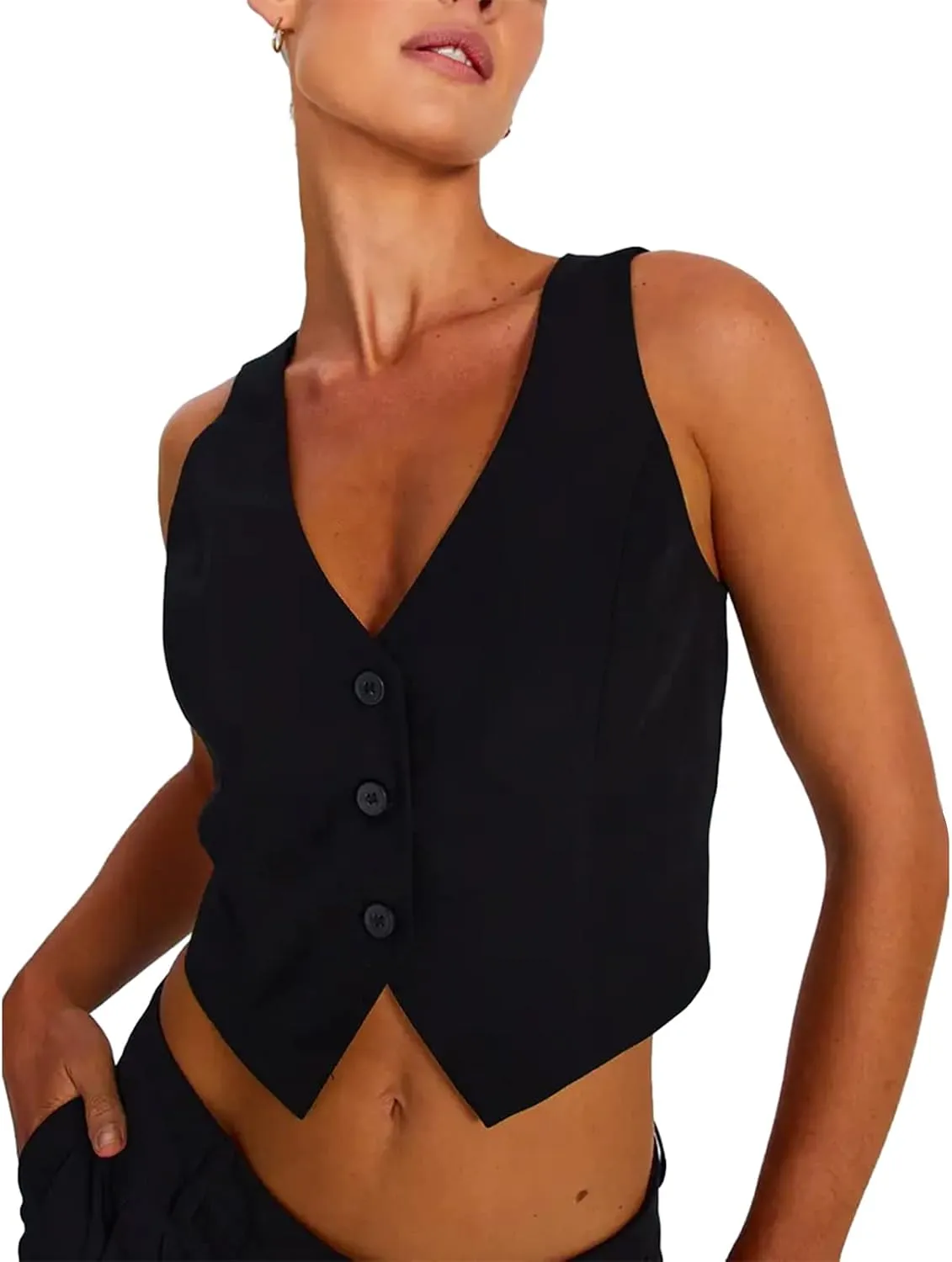 Y2K Button Down Dressy Vest Retro Vintage Black Cute Frill Sleeveless Crop Top Vest 90S Grunge Shirts