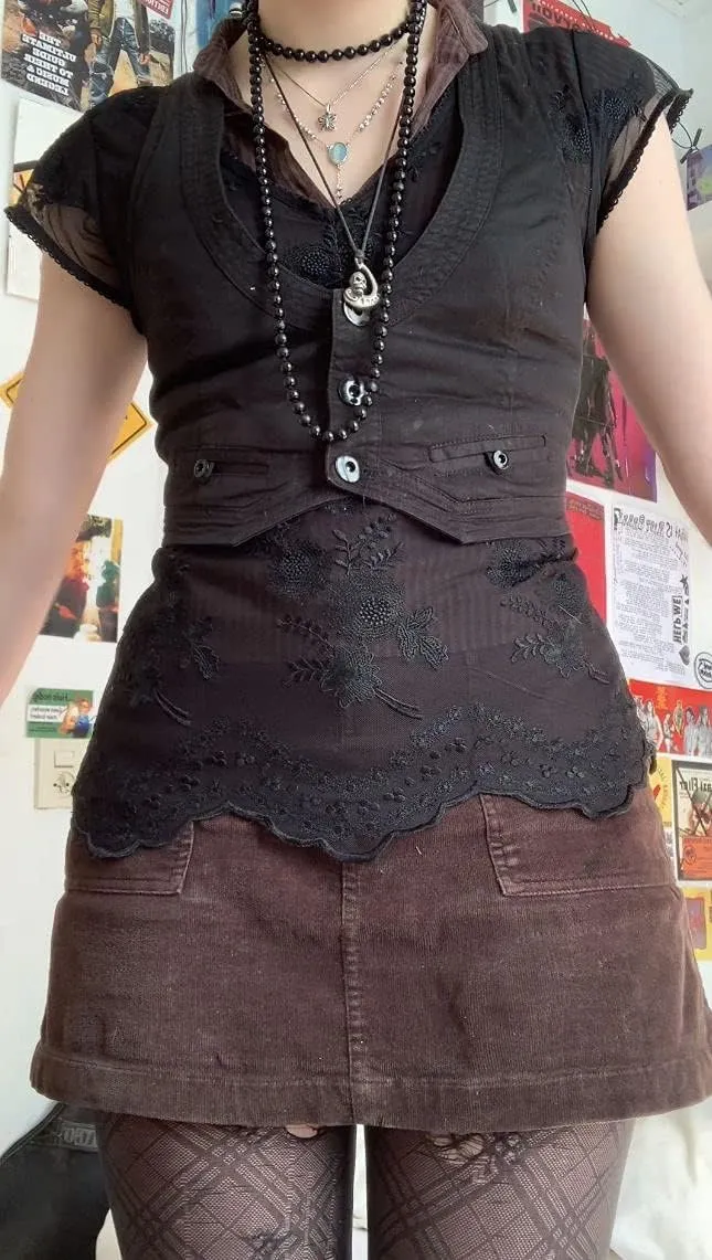 Y2K Button Down Dressy Vest Retro Vintage Black Cute Frill Sleeveless Crop Top Vest 90S Grunge Shirts
