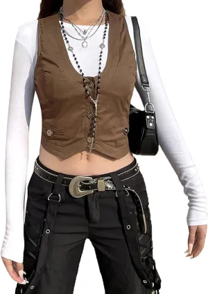 Y2K Button Down Dressy Vest Retro Vintage Black Cute Frill Sleeveless Crop Top Vest 90S Grunge Shirts